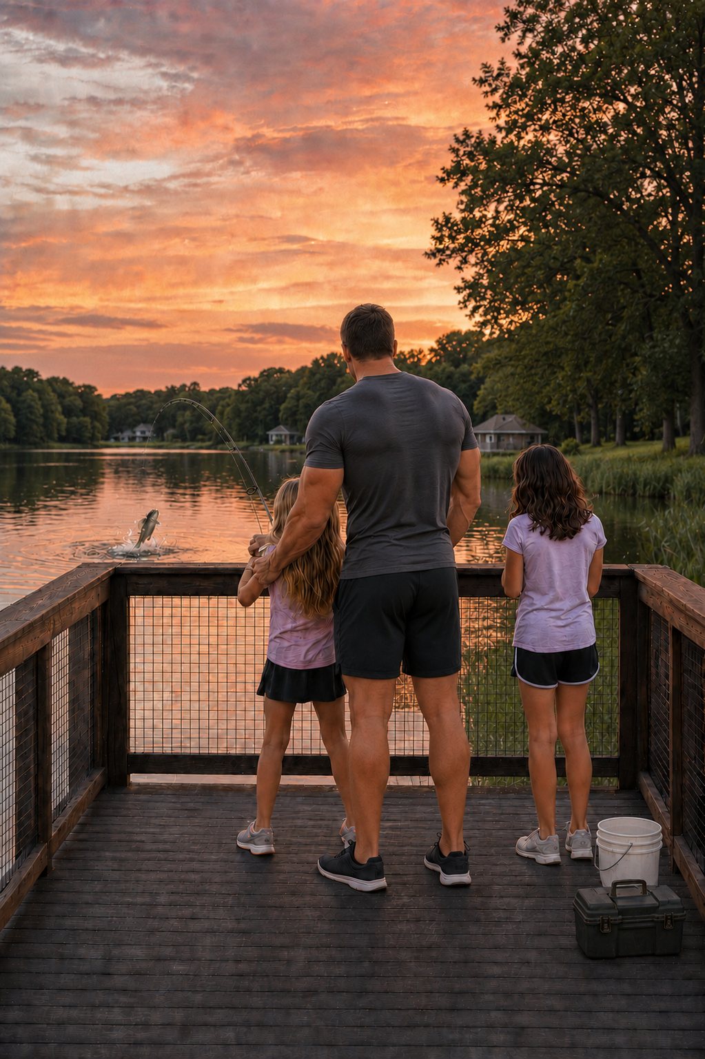 A father and his two daughters standing at a dock railing at sunset, watching a fish break the surface of the lake.